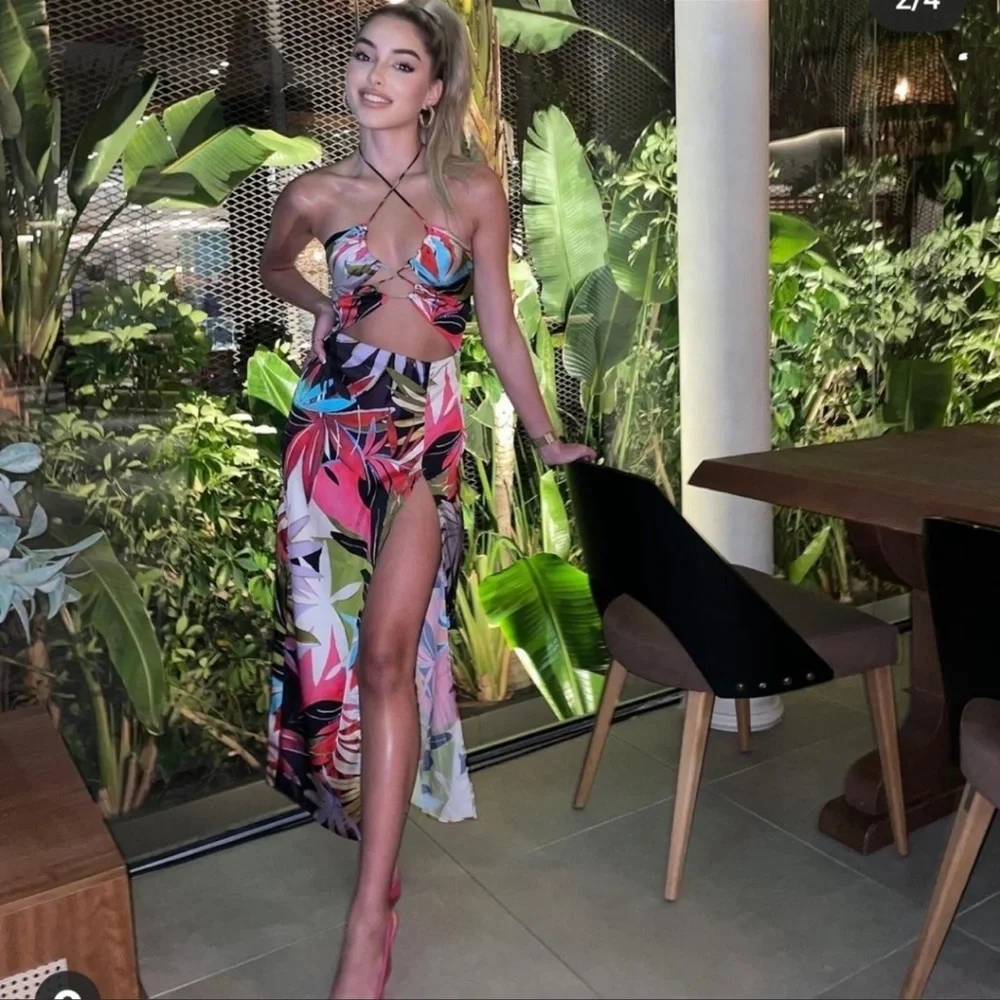 ZARA TROPICAL PRINT CUT OUT DRESS